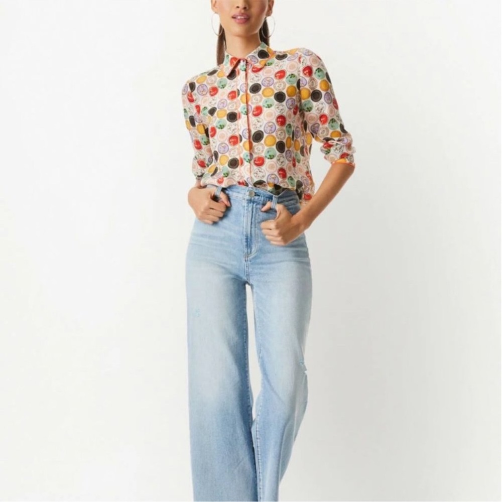 Alice Olivia Top‎ Willa Silk Placket Pipe Shirt Sz XS